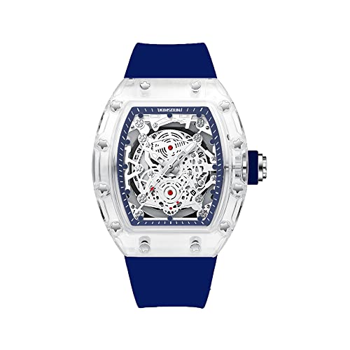 KIMSDUNStylish Skeleton Sport Watches Waterproof Analog Quartz Date Calendar Wristwatch Transparent Tonneau Case Casual Watch Silicone Strap for Men Unisex BlueBlue TPK2015B - Image 1