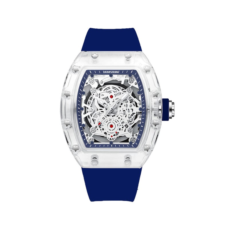 KIMSDUNStylish Skeleton Sport Watches Waterproof Analog Quartz Date Calendar Wristwatch Transparent Tonneau Case Casual Watch Silicone Strap for Men Unisex BlueBlue TPK2015B - Image 2