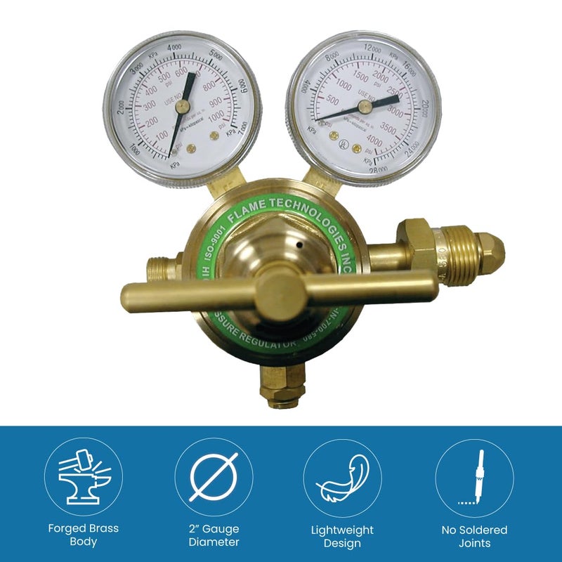 Flame Tech Store High-Pressure Piston Regulator for Inert Gases, Regulator for Nitrogen and Argon Gas, Forged Brass Body and Bonnet, Easy to Read Dual Scale, Precise Stabilized Control - Image 5