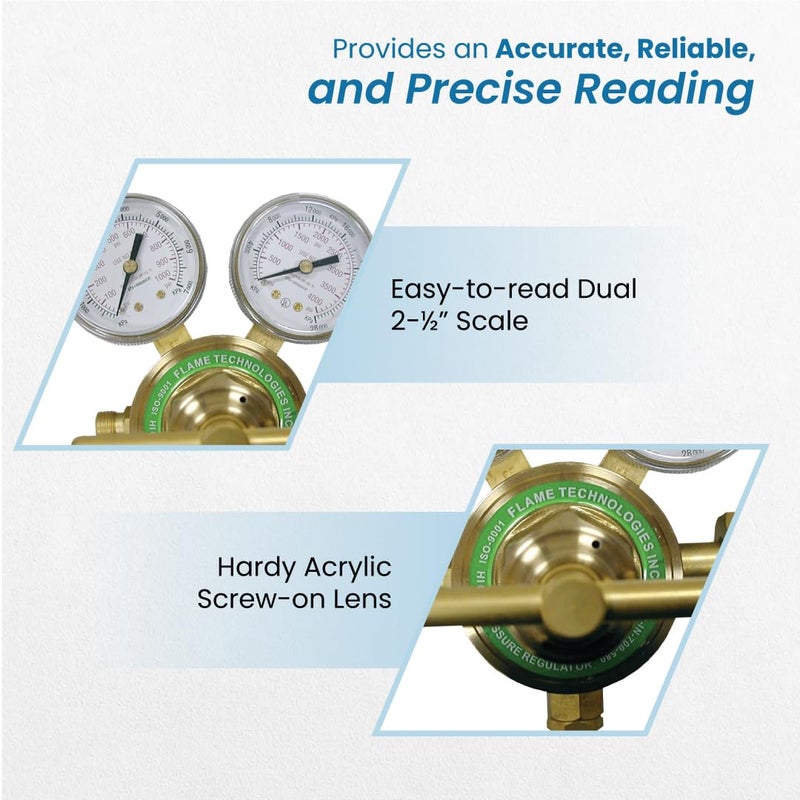 Flame Tech Store High-Pressure Piston Regulator for Inert Gases, Regulator for Nitrogen and Argon Gas, Forged Brass Body and Bonnet, Easy to Read Dual Scale, Precise Stabilized Control - Image 3