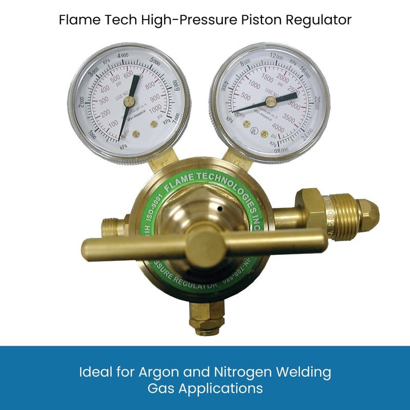Flame Tech Store High-Pressure Piston Regulator for Inert Gases, Regulator for Nitrogen and Argon Gas, Forged Brass Body and Bonnet, Easy to Read Dual Scale, Precise Stabilized Control - Image 2