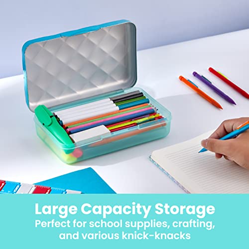 It's Academic Metallic pencil Case Box, Hard Plastic, Stylish Quited-Pattern Lid, Blue - Image 2