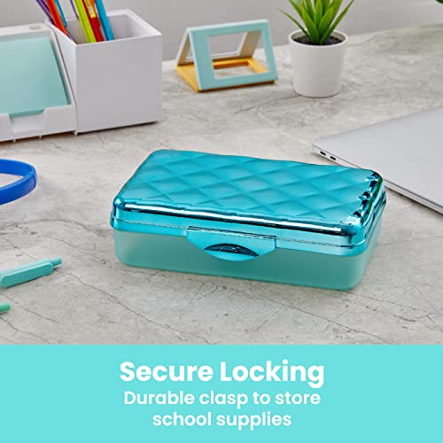 It's Academic Metallic pencil Case Box, Hard Plastic, Stylish Quited-Pattern Lid, Blue - Image 3