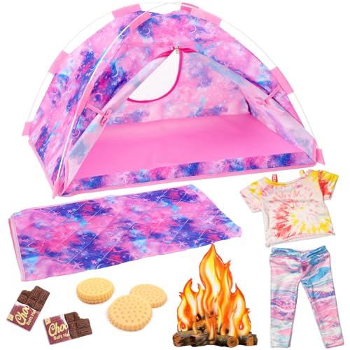 Ecore Fun 11 Items 18 inch Girl Dolls Camping Tent Set and Accessories Including 18 Inch Doll Camping Tent Clothes Set Campfire Chocolate Biscuit etc - Image 1