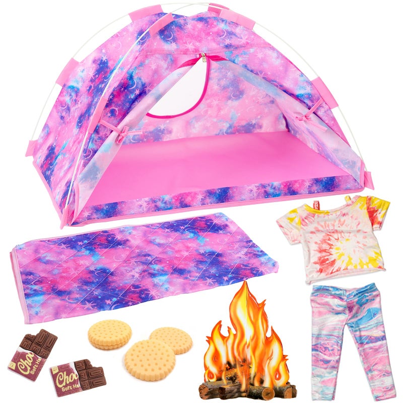Ecore Fun 11 Items 18 inch Girl Dolls Camping Tent Set and Accessories Including 18 Inch Doll Camping Tent Clothes Set Campfire Chocolate Biscuit etc - Image 3