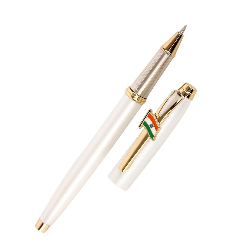 crewtone 20827 20666 Luxury Indian Flag Edition White Metal Body Roller Ball Pen With Golden Clip & Golden Trim, Gift Set for Men & Women, Executives with High End Gift Box. - Image 1