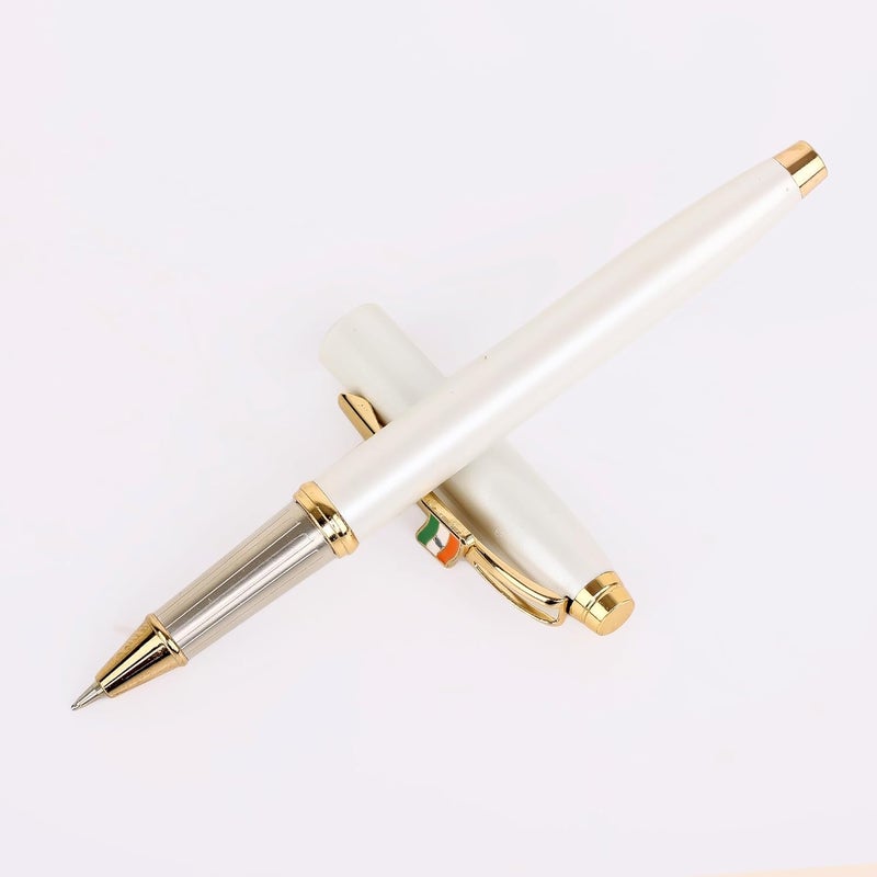 crewtone 20827 20666 Luxury Indian Flag Edition White Metal Body Roller Ball Pen With Golden Clip & Golden Trim, Gift Set for Men & Women, Executives with High End Gift Box. - Image 4