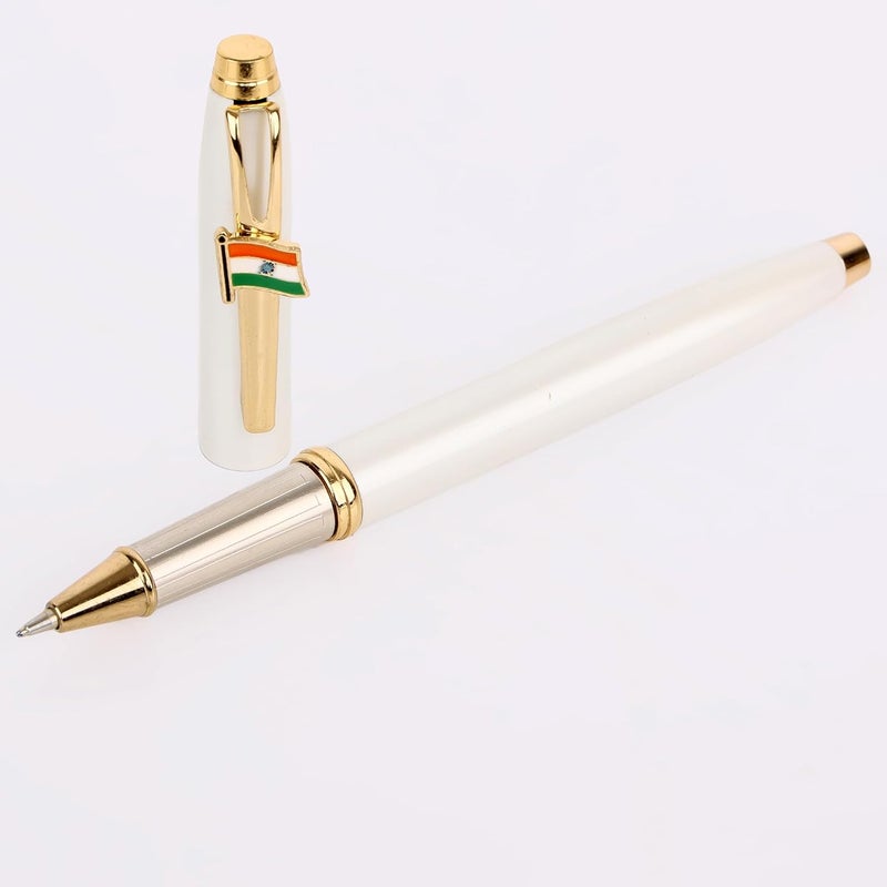 crewtone 20827 20666 Luxury Indian Flag Edition White Metal Body Roller Ball Pen With Golden Clip & Golden Trim, Gift Set for Men & Women, Executives with High End Gift Box. - Image 2