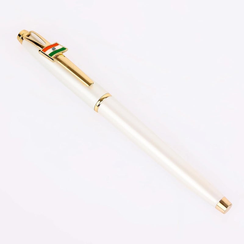 crewtone 20827 20666 Luxury Indian Flag Edition White Metal Body Roller Ball Pen With Golden Clip & Golden Trim, Gift Set for Men & Women, Executives with High End Gift Box. - Image 5