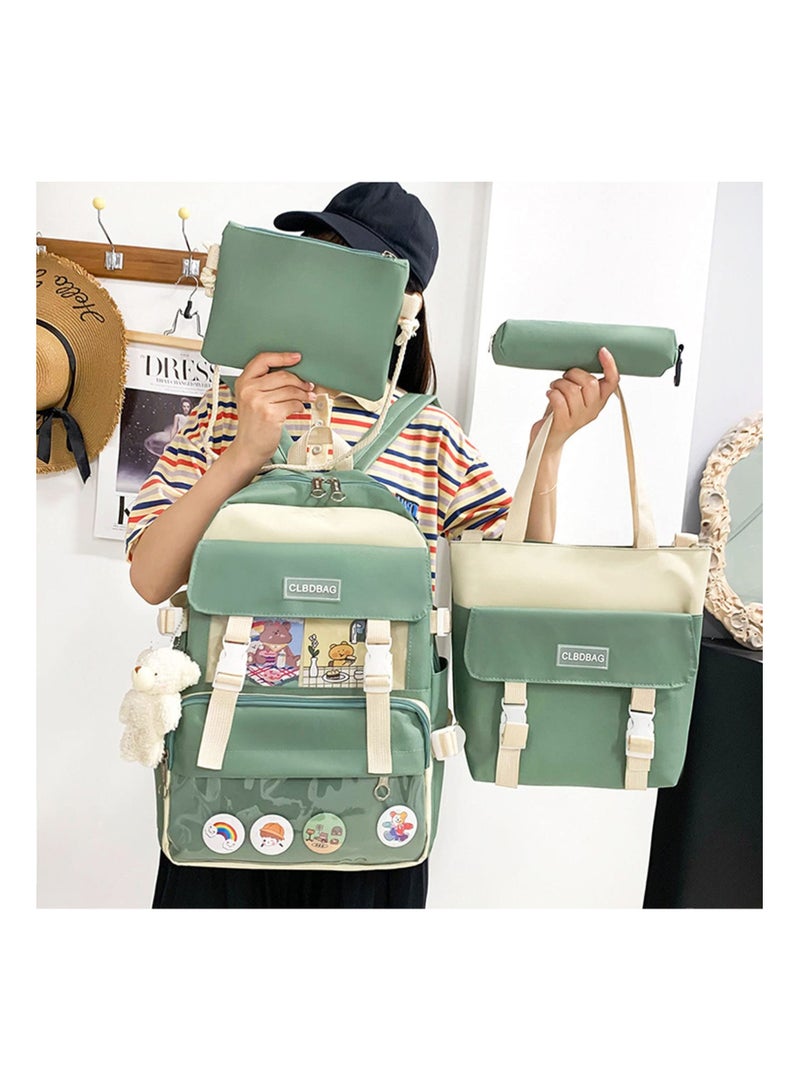 4-Piece Kawaii Backpack Set with Bear Pendant - Cute Cartoon Canvas School Bag, Pencil Case, and Lunch Box Bag (Green) - Perfect for Kids and Students! - Image 2