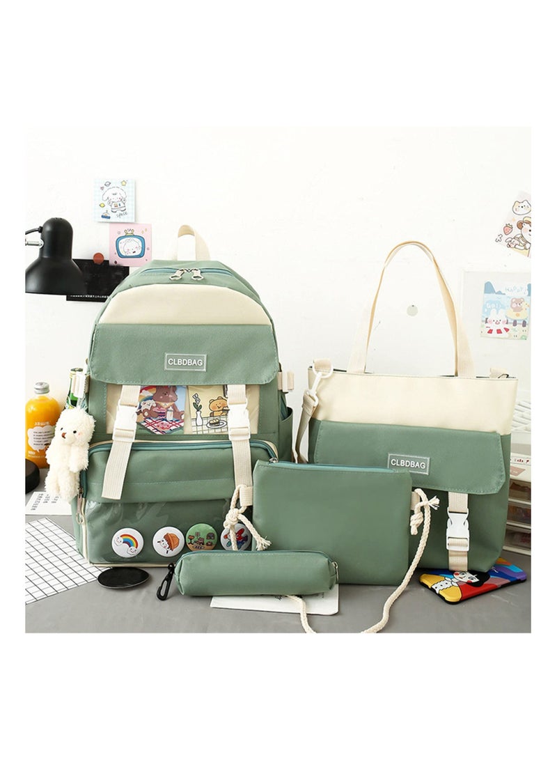 4-Piece Kawaii Backpack Set with Bear Pendant - Cute Cartoon Canvas School Bag, Pencil Case, and Lunch Box Bag (Green) - Perfect for Kids and Students! - Image 3