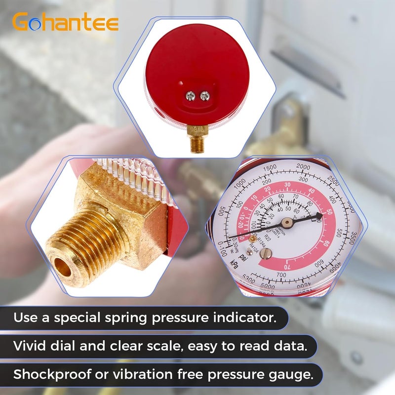 gohantee مقاييس ضغط مكيف الهواء لـ R410A R134A R22 PSI PA، مقياس ضغط التبريد المنخفض والمرتفع 70 مم/2.7 بوصة - Image 5