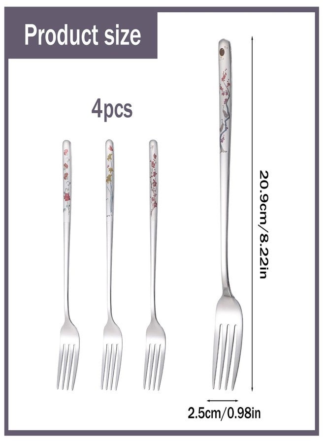 MBAIYO 4Pcs 8" Korean Forks, Stainless Steel Korean Fork with Floral Pattern Kitchen Forks Mirror Finish Flatware for Dinner Salad Dessert Home Restaurant Use - Image 3