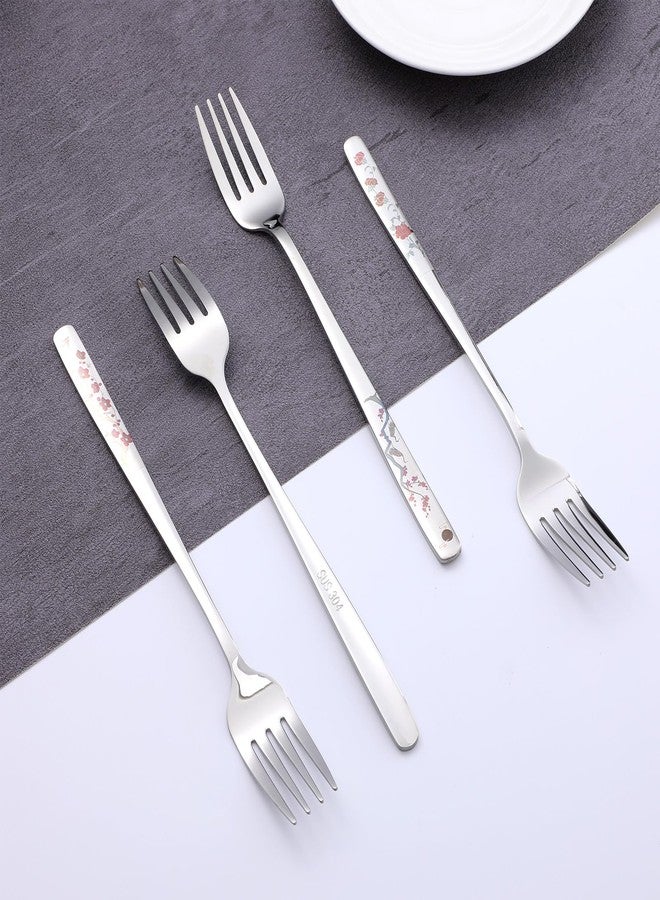 MBAIYO 4Pcs 8" Korean Forks, Stainless Steel Korean Fork with Floral Pattern Kitchen Forks Mirror Finish Flatware for Dinner Salad Dessert Home Restaurant Use - Image 5