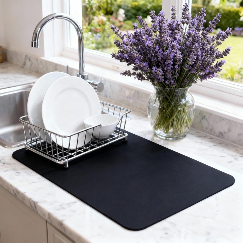 STRABELLA Dish Drying Mat Super Absorbent â€“ 12" x 18" Coffee Mat for Countertops â€“ Non-Slip Drying Mat for Kitchen Counter â€“ Easy to Clean Water Absorbent Mat â€“ Quick Dry Dish Drying Mats (Black) - Image 1