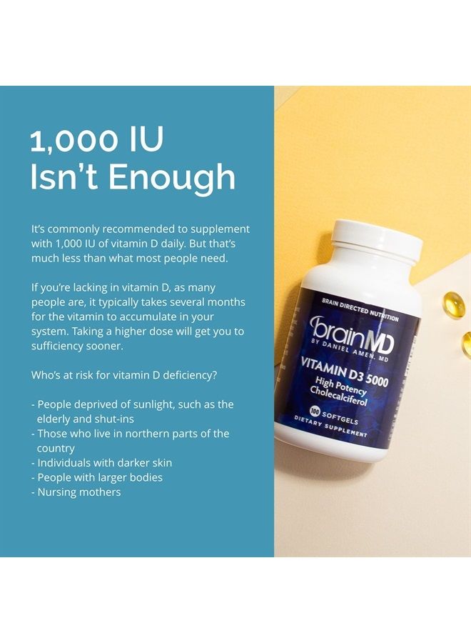 BrainMD by Dr Amen Vitamin D3 5000 - 100 Softgels - High Potency Cholecalciferol - Gluten Free - 100 Servings - Image 5