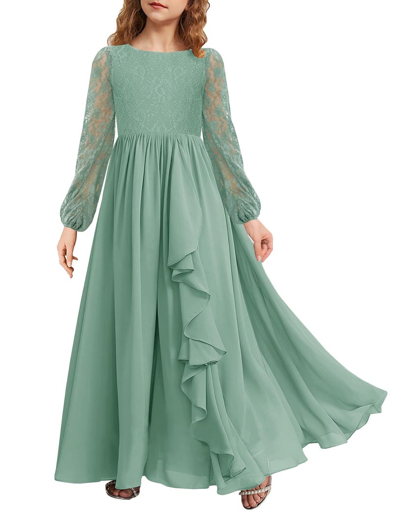 MITILLY Girls Elegant Lace Flower Maxi Dress Long Sleeve A-Line Junior Bridesmaid Chiffon Dresses for Wedding Party 12 Years Sage Green - Image 1