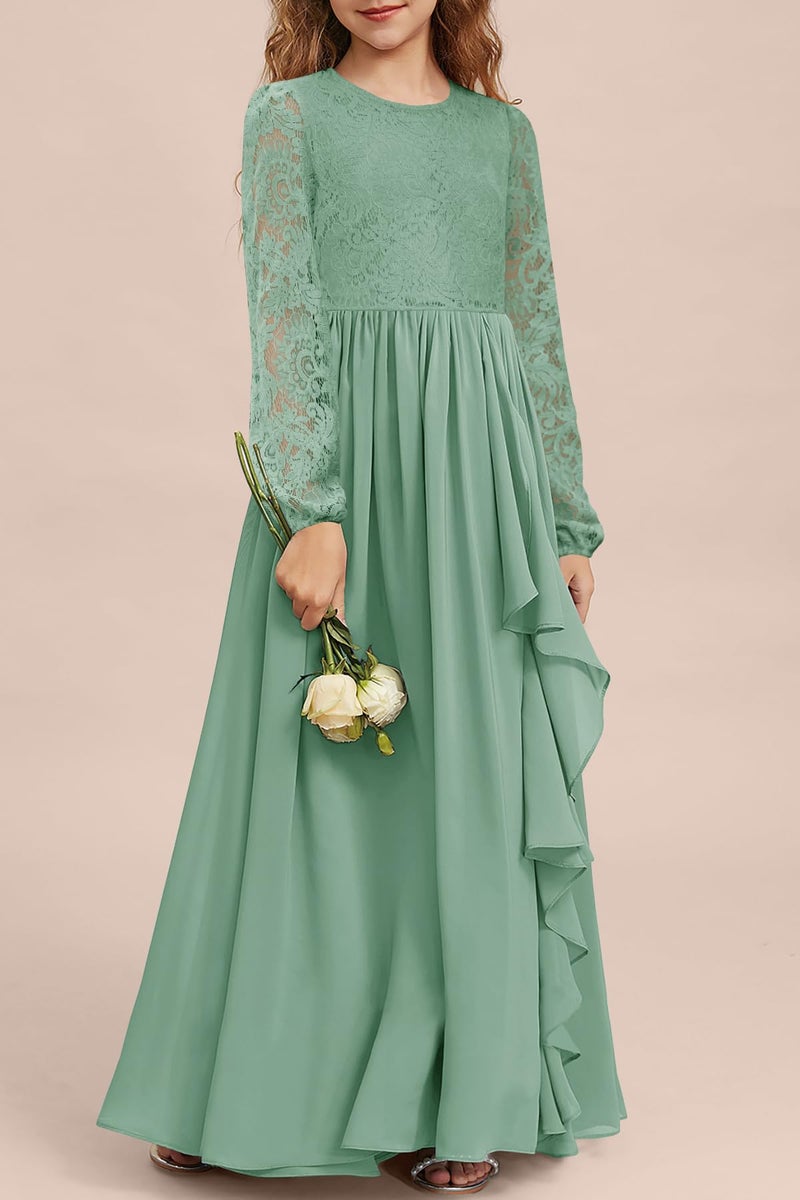 MITILLY Girls Elegant Lace Flower Maxi Dress Long Sleeve A-Line Junior Bridesmaid Chiffon Dresses for Wedding Party 12 Years Sage Green - Image 2