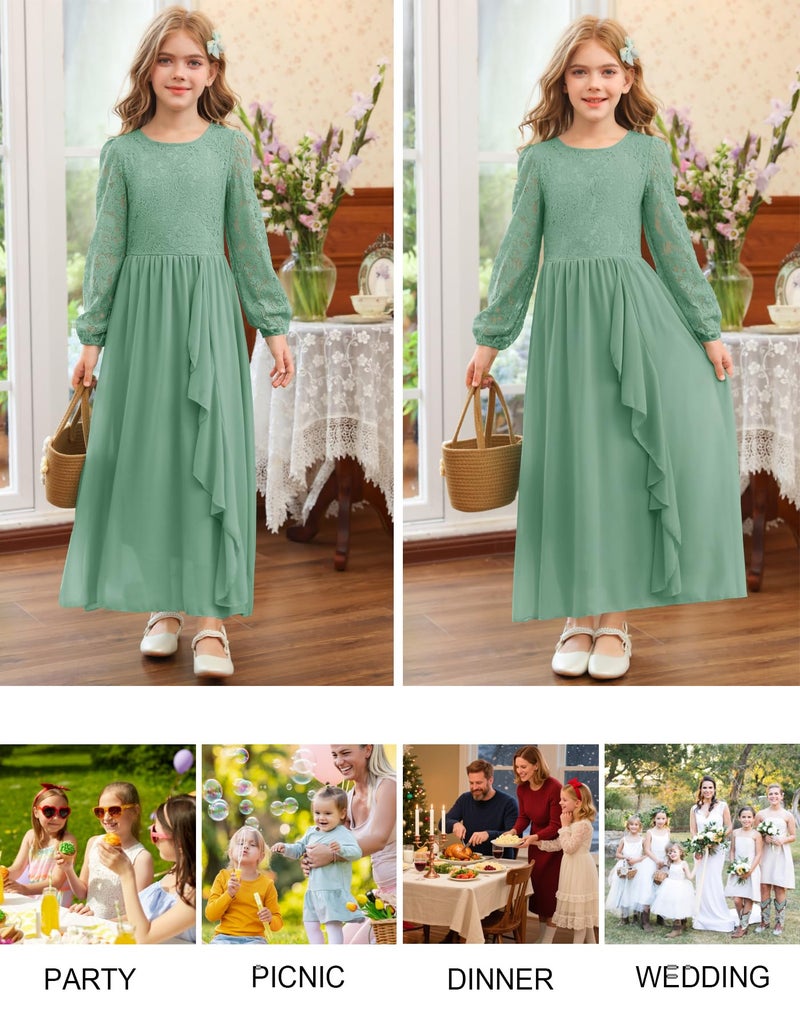 MITILLY Girls Elegant Lace Flower Maxi Dress Long Sleeve A-Line Junior Bridesmaid Chiffon Dresses for Wedding Party 12 Years Sage Green - Image 5