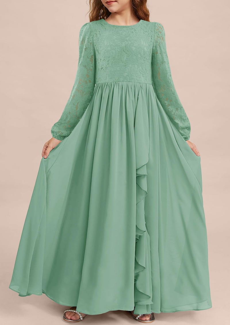 MITILLY Girls Elegant Lace Flower Maxi Dress Long Sleeve A-Line Junior Bridesmaid Chiffon Dresses for Wedding Party 12 Years Sage Green - Image 3