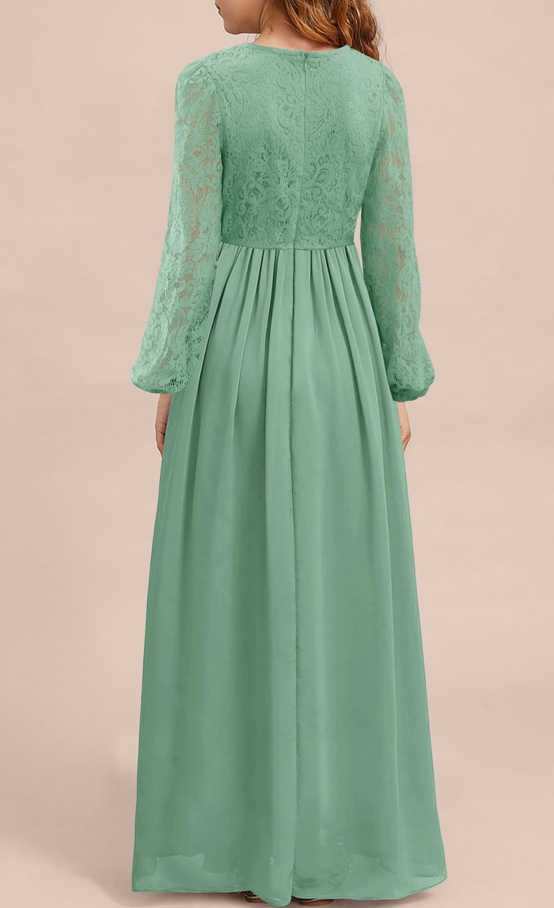 MITILLY Girls Elegant Lace Flower Maxi Dress Long Sleeve A-Line Junior Bridesmaid Chiffon Dresses for Wedding Party 12 Years Sage Green - Image 4