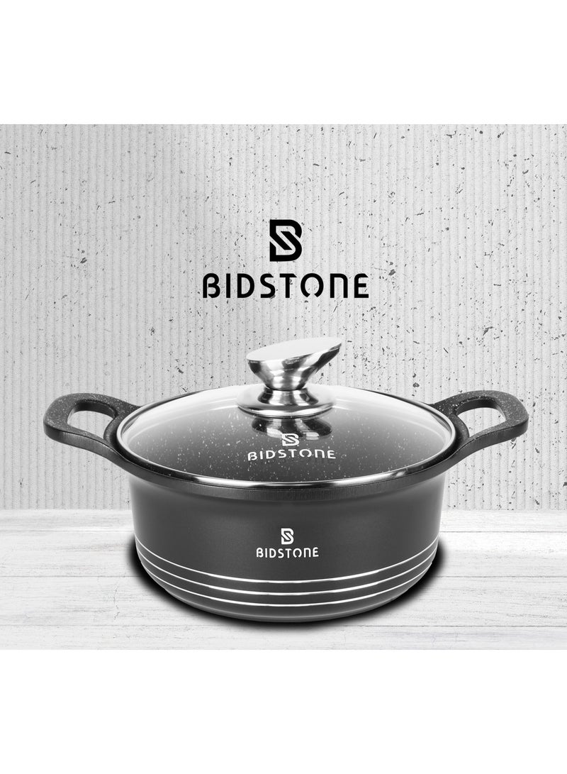 Bidstone 24 cm Granite Cooking Pot – Aluminum Soup Casserole with Heat-Resistant Glass Lid | Fixed Handle | Multi-Layer Nonstick Coating | Oven & Microwave Safe | 100% PFOA-Free - Image 1