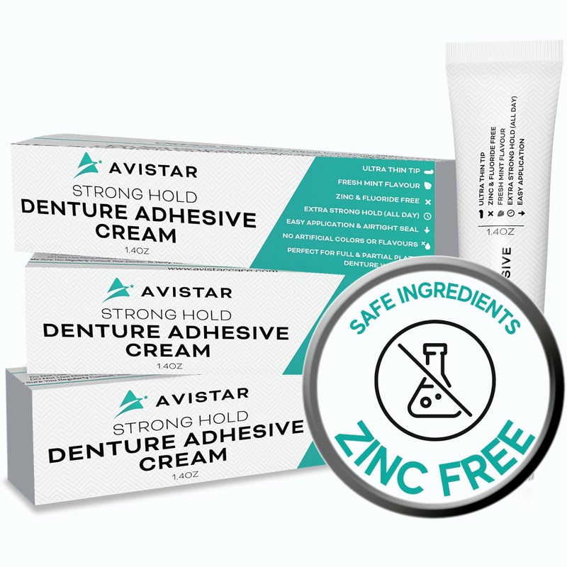 Avistar Extra Strong Denture Adhesive Cream, 12 Hour Hold Dental Glue, Waterproof, Zinc & Fluoride Free, Easy Apply Nozzle, Seals Food Out for Comfort, Mint Flavor (3 Pack, 4.2 Fl Oz) - Image 1