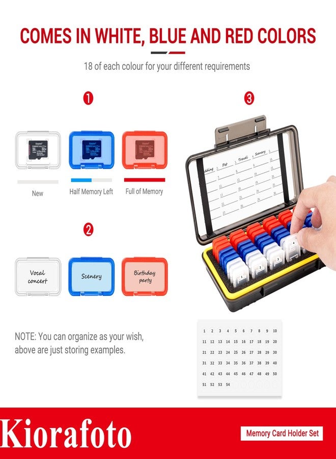 Kiorafoto, Micro SD Card Holder with 54 Packs, 3 Colors Clear Plastic Micro SD Card Case for TF Micro SD SDXC SDHC Card Waterproof Shockproof Dustproof Memory Card Case - Image 4