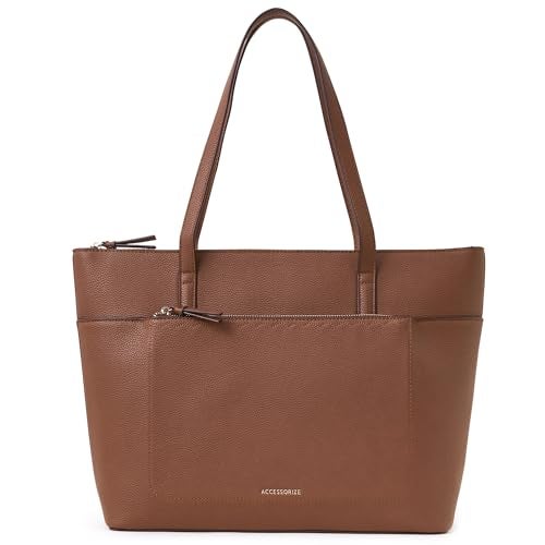 Accessorize London Women's Classic Brown Front Pocket Tote Bag| Tote bags for women office use |Spacious Work bag for woman |Shoulder bag for ladies Stylish - Image 1