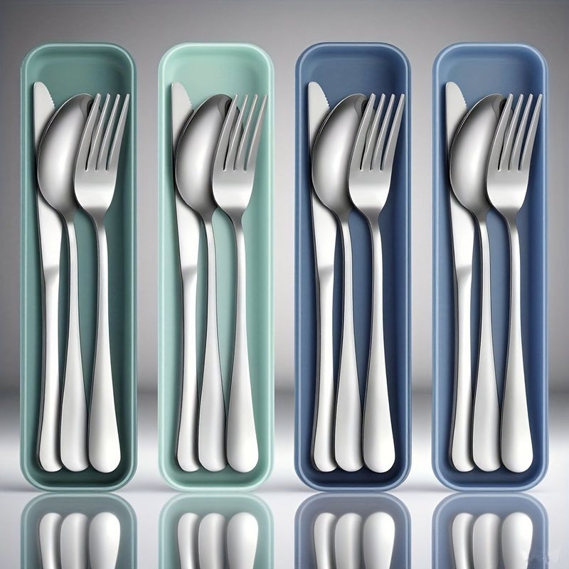 Green Portable 4 Piece Stainless Steel Cutlery Set With Case - Image 1