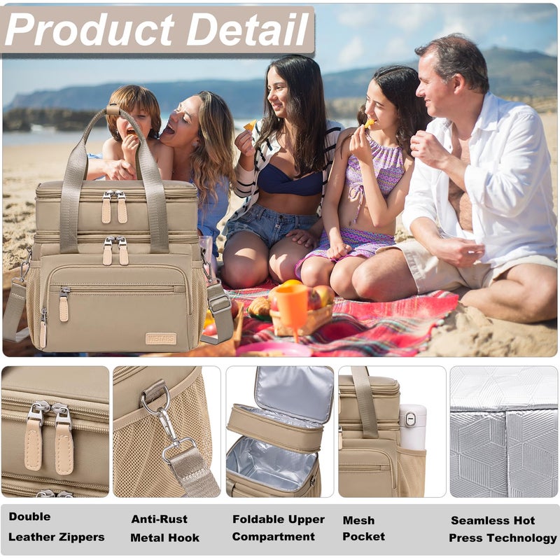 Weitars Insulated Lunch Box for Women Men-Dual Compartment Waterproof Reusable Large Lunch Bag Wide-Open Tote Cooler Bag for Working Picnic Hiking (15L) (Kahki) - Image 5