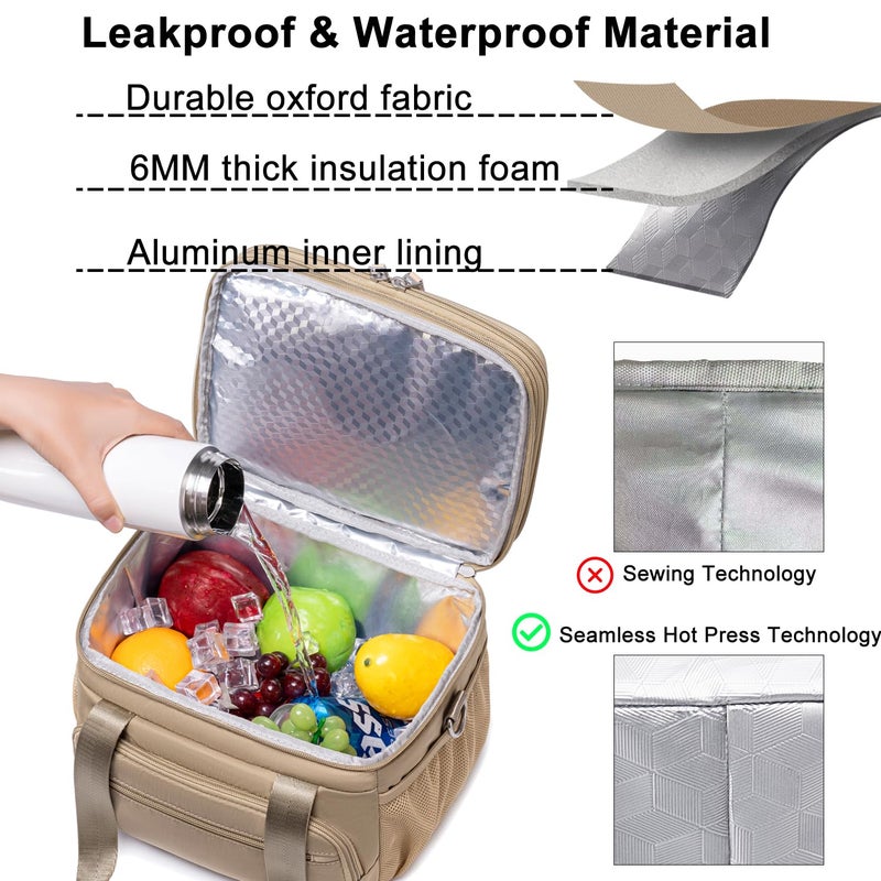 Weitars Insulated Lunch Box for Women Men-Dual Compartment Waterproof Reusable Large Lunch Bag Wide-Open Tote Cooler Bag for Working Picnic Hiking (15L) (Kahki) - Image 2