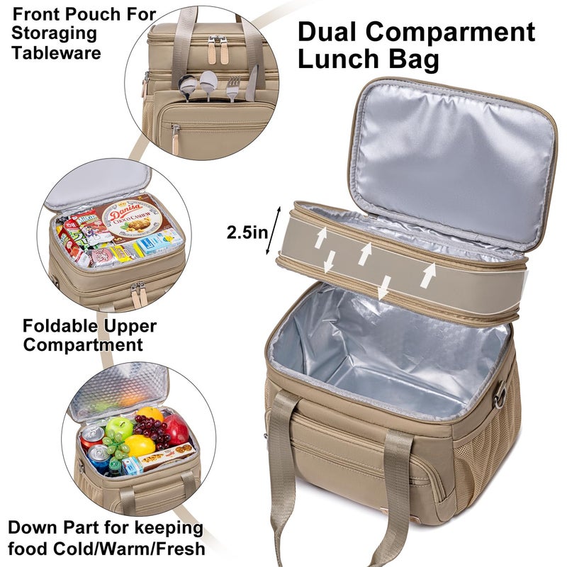 Weitars Insulated Lunch Box for Women Men-Dual Compartment Waterproof Reusable Large Lunch Bag Wide-Open Tote Cooler Bag for Working Picnic Hiking (15L) (Kahki) - Image 4