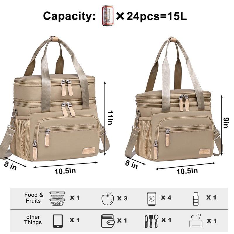 Weitars Insulated Lunch Box for Women Men-Dual Compartment Waterproof Reusable Large Lunch Bag Wide-Open Tote Cooler Bag for Working Picnic Hiking (15L) (Kahki) - Image 3