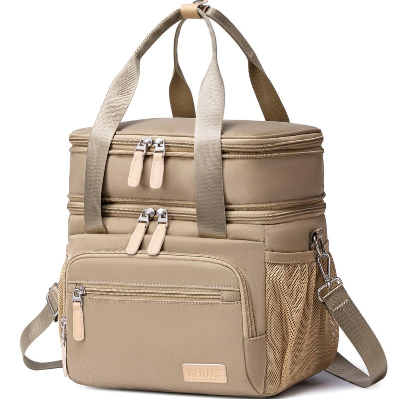 Weitars Insulated Lunch Box for Women Men-Dual Compartment Waterproof Reusable Large Lunch Bag Wide-Open Tote Cooler Bag for Working Picnic Hiking (15L) (Kahki) - Image 1