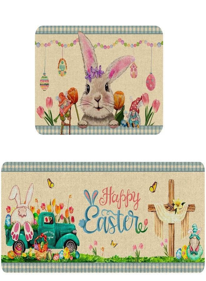 EUVBOKW Happy Easter Kitchen Rugs Set of 2 Spring Cute Rabbits Anti-Slip Kitchen Mats Anti-Slip with Rubber Backing Floor Mat for Easter Party Home Decorations 17x29 and 17x47 Inch - Image 1