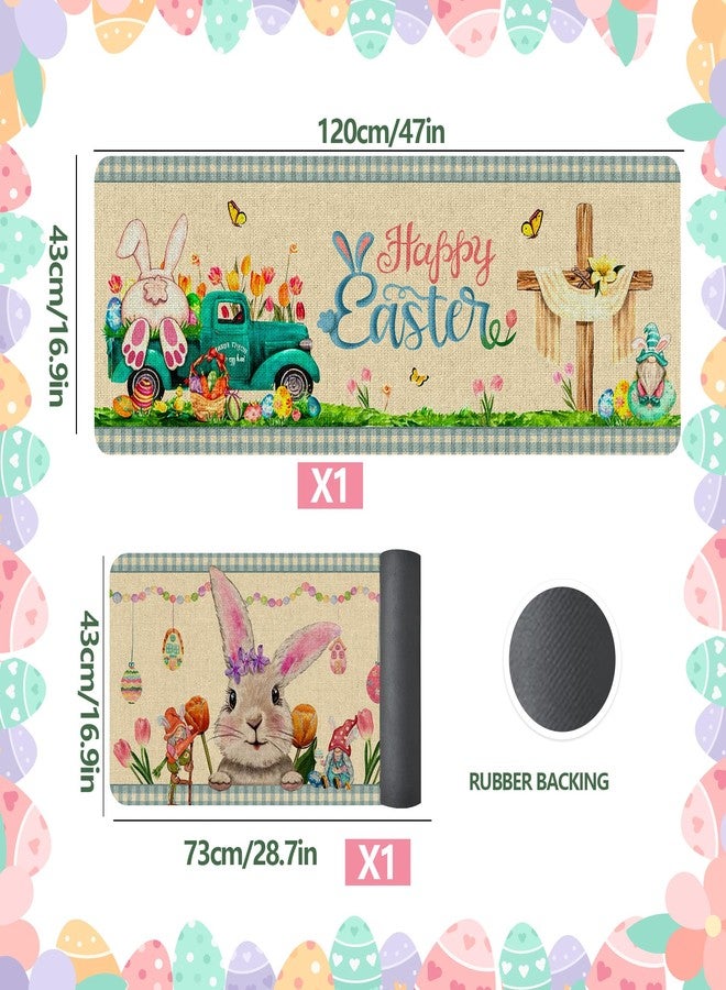 EUVBOKW Happy Easter Kitchen Rugs Set of 2 Spring Cute Rabbits Anti-Slip Kitchen Mats Anti-Slip with Rubber Backing Floor Mat for Easter Party Home Decorations 17x29 and 17x47 Inch - Image 2