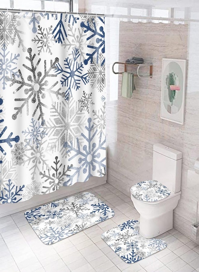 Rtteri 4 Pcs Christmas Shower Curtain Set with Non Slip Rug Toilet Lid Cover Bath Mat Christmas Bathroom Sets with 12 Pcs Hooks for Xmas Holiday Bathroom Decor, 72 x 72 Inch(Vivid Snowflake) - Image 1