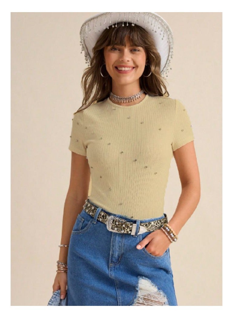 Shein SHEIN WOMEN Crew Neck Fitted Rhinestone Decor Casual Short Sleeve T-Shirt, Spring/Summer  - Image 2