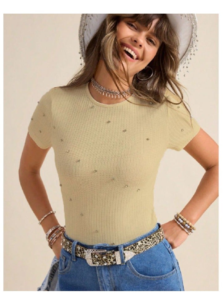 Shein SHEIN WOMEN Crew Neck Fitted Rhinestone Decor Casual Short Sleeve T-Shirt, Spring/Summer  - Image 3