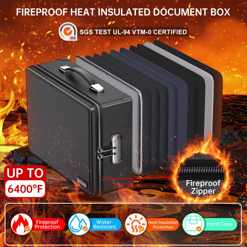 DocSafe 6400Â°F Fireproof Document Box with Lock,Heat Insulated Fireproof Water Resistant 10 Layers Hard Case Safe Box with Zipperï¼†Multi Pockets,Protects Personal Items,Documents,Laptop,Passport,Black - Image 2