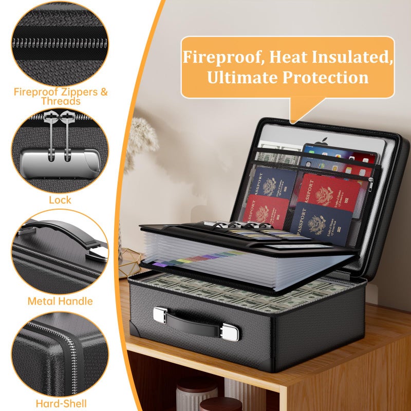 DocSafe 6400Â°F Fireproof Document Box with Lock,Heat Insulated Fireproof Water Resistant 10 Layers Hard Case Safe Box with Zipperï¼†Multi Pockets,Protects Personal Items,Documents,Laptop,Passport,Black - Image 4