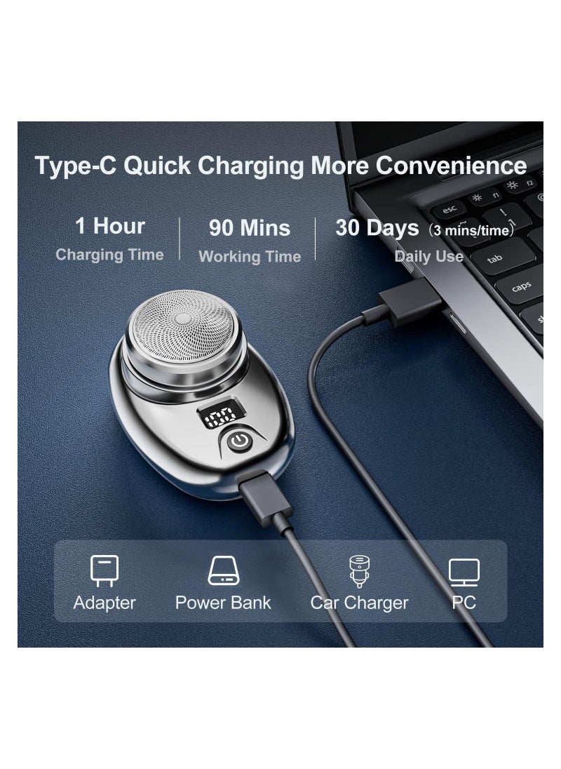 ماكينة حلاقة كهربائية صغيرة ومحمولة للرجال مع شاشة LCD، حجم جيب لتشذيب اللحية بالشحن عبر USB، ماكينة حلاقة دوارة للحلاقة الجافة والرطبة، مجموعة عناية باللحية مناسبة للاستخدام في المنزل وأثناء السفر
