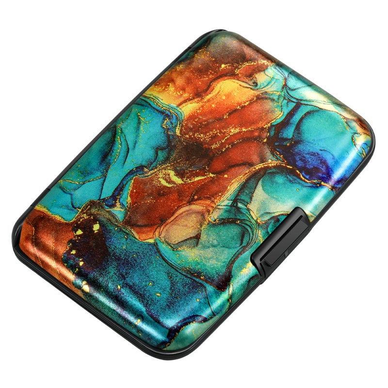 ELFISH Mini RFID Aluminum Wallet Credit Cards Holder Business Card Case Metal ID Case for Men Womenï¼ˆBlue Brown Marble - Image 1