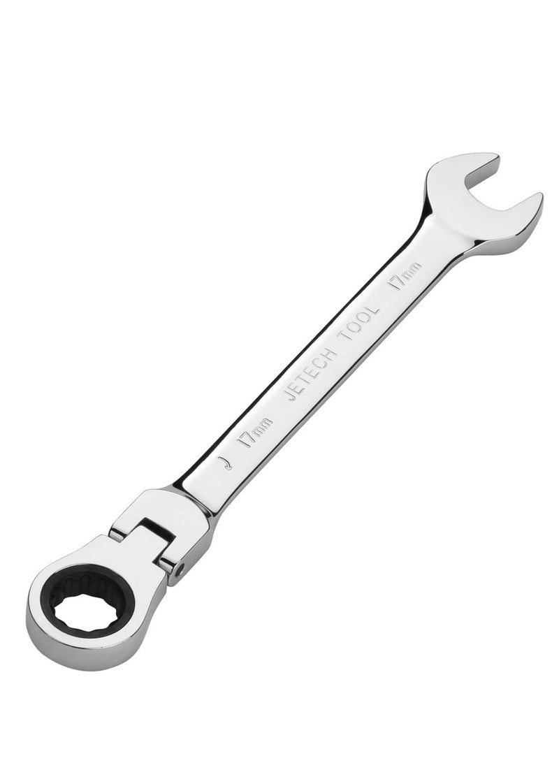 Jetech 17mm Flexible Head Ratchet Combination Wrench, Industrial Grade Flex Ratcheting Spanner, Heat-Treated Cr-V Alloy Steel, 12 Point Ratchet Box Ended and Open End Spanner, Flex-Head Gear Wrench - Image 1