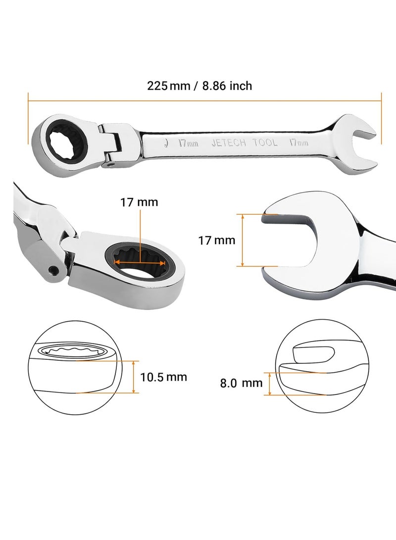 Jetech 17mm Flexible Head Ratchet Combination Wrench, Industrial Grade Flex Ratcheting Spanner, Heat-Treated Cr-V Alloy Steel, 12 Point Ratchet Box Ended and Open End Spanner, Flex-Head Gear Wrench - Image 2