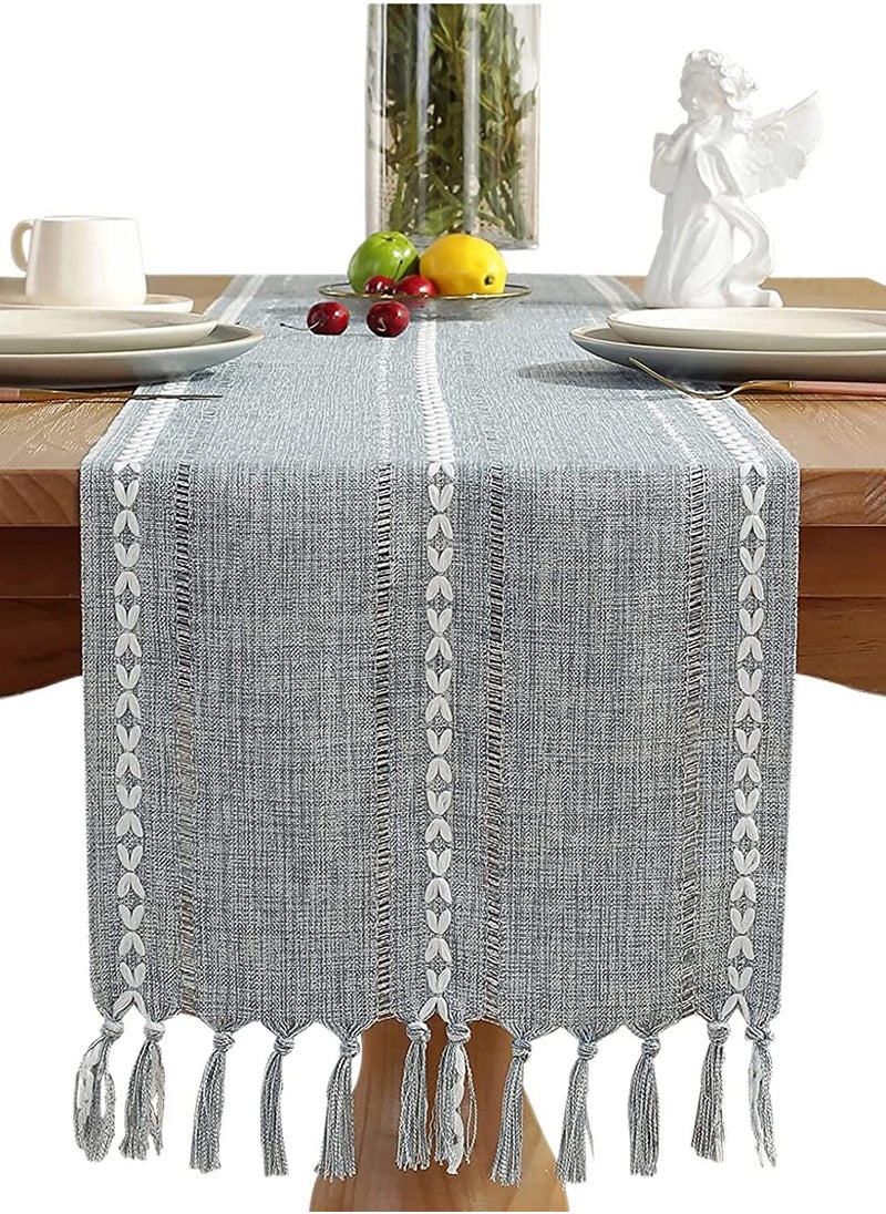 Generic - Vintage Table Runner with Tassels 13 x70 Inch Woven Hollow Out Farmhouse Cotton Linen Classic for Dining Party Holiday Decorations, Home Bedroom Rustic Wedding Coffee Dining Machine Washable - Image 1