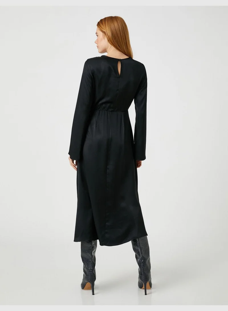KOTON Silk Looking Long Dress Round Neck Long Sleeve