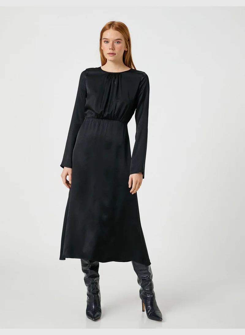 KOTON Silk Looking Long Dress Round Neck Long Sleeve