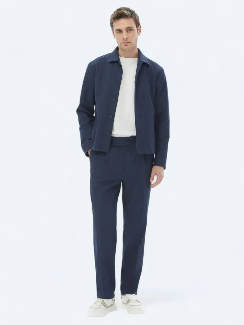 Kip Navy Blue Plain Modern Fit Cotton Blended Suit